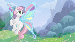 Size: 1920x1080 | Tagged: safe, alternate version, artist:nebulastar985, imported from derpibooru, sweetie belle, alicorn, pony, butterfly wings, castle, female, filly, flying, scenery, solo, wallpaper