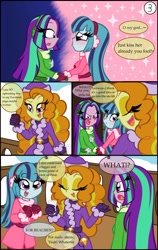 Size: 710x1125 | Tagged: safe, artist:queentigrel, imported from derpibooru, adagio dazzle, aria blaze, sonata dusk, equestria girls, a dazzling winter, arisona, blushing, comic, cute, female, lesbian, shipper on deck, shipping, the dazzlings, winter, winter outfit