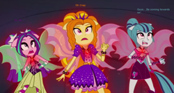 Size: 1278x686 | Tagged: safe, edit, edited screencap, imported from derpibooru, screencap, adagio dazzle, aria blaze, sonata dusk, equestria girls, rainbow rocks, bare shoulders, caption, fin wings, ponied up, sleeveless, the dazzlings