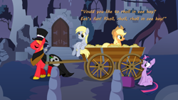 Size: 960x540 | Tagged: safe, edit, imported from derpibooru, applejack, big macintosh, derpy hooves, twilight sparkle, earth pony, pony, castle of the royal pony sisters, dialogue, halloween, hay ride, implied lesbian, implied shipping, implied twijack, male, spooky, stallion, suitcase, wagon, young frankenstein