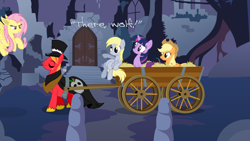 Size: 960x540 | Tagged: safe, edit, imported from derpibooru, applejack, big macintosh, derpy hooves, fluttershy, twilight sparkle, earth pony, pony, castle of the royal pony sisters, flutterbat, male, stallion, suitcase, wagon, young frankenstein