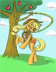 Size: 989x1280 | Tagged: safe, artist:django90, imported from derpibooru, applejack, pony, apple, bipedal, clothes, cloud, cloudy, cowboy hat, female, hat, lasso, outdoors, rope, solo, stetson, tree, vest