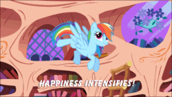 Size: 960x540 | Tagged: safe, edit, edited screencap, imported from derpibooru, screencap, rainbow dash, the ticket master, animated, cute, dashabetes, female, flapping, golden oaks library, happy, hoofy-kicks, image macro, meme, solo, x intensifies