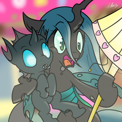 Size: 1000x1000 | Tagged: safe, artist:ethaes, imported from derpibooru, queen chrysalis, changeling, changeling queen, fanfic:changeling the movie, duo, fanfic art, female, lamp