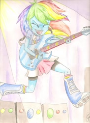 Size: 1024x1402 | Tagged: safe, artist:deadliestvenom, imported from derpibooru, rainbow dash, equestria girls, rainbow rocks, drawing, female, guitar, solo, traditional art