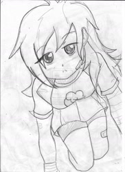 Size: 1024x1408 | Tagged: safe, artist:alesarox, imported from derpibooru, rainbow dash, equestria girls, bedroom eyes, cute, dashabetes, deviantart watermark, drawing, female, monochrome, obtrusive watermark, solo, traditional art, watermark