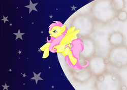 Size: 7016x4961 | Tagged: safe, artist:littlewolfstudios, imported from derpibooru, fluttershy, absurd resolution, fangs, female, filly, flutterbat, flying, moon, sky, solo, stars, wings