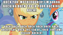 Size: 610x343 | Tagged: safe, imported from derpibooru, applejack, angry, image macro, meme, vulgar