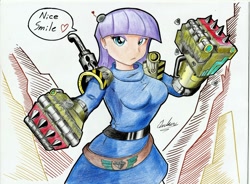 Size: 1280x944 | Tagged: safe, artist:noisyvox, artist:thearcano13, imported from derpibooru, maud pie, human, female, humanized, looking at you, power fist, solo, traditional art