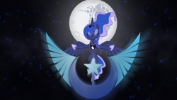 Size: 1920x1080 | Tagged: safe, artist:fuge269, imported from derpibooru, princess luna, alicorn, pony, emblem, eyes closed, female, mare, mare in the moon, moon, new lunar republic, solo, vector, wallpaper