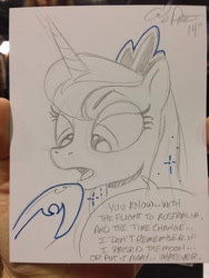 Size: 768x1024 | Tagged: safe, artist:andypriceart, imported from derpibooru, princess luna, australia, dialogue, female, monochrome, open mouth, raised hoof, sketch, solo, speech bubble, traditional art