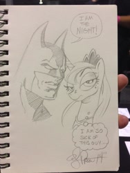 Size: 768x1024 | Tagged: safe, artist:andypriceart, imported from derpibooru, princess luna, batman, dialogue, frown, grayscale, i am the night, lidded eyes, looking at you, monochrome, portrait, raised eyebrow, sketch, speech bubble, thought bubble, traditional art, unamused