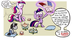 Size: 800x444 | Tagged: safe, artist:nukilik, imported from derpibooru, princess cadance, smarty pants, twilight sparkle, comic, filly, sandwich, tea, tea party, teacup, teapot