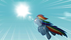 Size: 1280x720 | Tagged: safe, artist:moongazerthepony, imported from derpibooru, rainbow dash, flying, lens flare, screenshots, sun, wallpaper