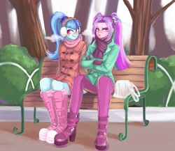 Size: 1000x868 | Tagged: dead source, safe, artist:semi-kon, artist:susu, imported from derpibooru, aria blaze, sonata dusk, equestria girls, rainbow rocks, arisona, autumn, bench, crossed arms, female, lesbian, park, shipping, sitting, tsundaria, tsundere