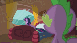 Size: 768x432 | Tagged: safe, imported from derpibooru, screencap, spike, twilight sparkle, magical mystery cure, animated, bed, book, clock, comforting, cuckoo clock, curtains, determined, golden oaks library, rain, reassurance, sad, tree, window