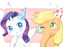 Size: 1400x1050 | Tagged: safe, artist:purin, artist:shouyu musume, imported from derpibooru, applejack, rarity, pony, cupcake, cute, female, food, hat, jackabetes, lesbian, party, party hat, pixiv, raribetes, rarijack, shipping