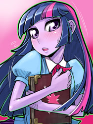 Size: 900x1200 | Tagged: safe, artist:mi*-so* no* u, imported from derpibooru, twilight sparkle, equestria girls, blushing, book, bust, female, pixiv, solo, sweat, sweatdrop