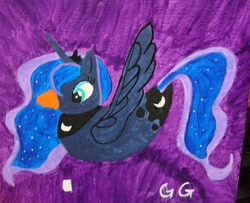 Size: 1321x1074 | Tagged: safe, artist:galaxygoddess, imported from derpibooru, princess luna, duck, canvas, female, painting, solo, species swap, traditional art