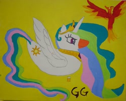 Size: 1375x1107 | Tagged: safe, artist:galaxygoddess, imported from derpibooru, philomena, princess celestia, duck, phoenix, canvas, painting, species swap, swanlestia, traditional art