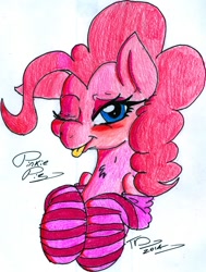 Size: 1240x1640 | Tagged: safe, artist:digitaldomain123, imported from derpibooru, pinkie pie, blushing, clothes, colored, socks, striped socks, tongue out, traditional art