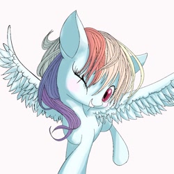 Size: 1000x1000 | Tagged: dead source, safe, artist:unousaya, imported from derpibooru, rainbow dash, female, looking at you, one eye closed, simple background, solo, white background, wings, wink