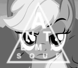 Size: 531x467 | Tagged: safe, imported from derpibooru, applejack, antemasque, monochrome, parody, unconvinced applejack