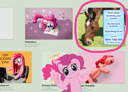 Size: 810x586 | Tagged: safe, artist:extradan, artist:jolinnar, artist:junkiekb, artist:megasweet, artist:spier17, imported from derpibooru, pinkie pie, balloon pony, horse, advertisement, balloon animal, computer, deviantart, irl horse, looking at you, meme, oh come on, shrug, shrugpony, wat