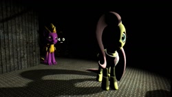 Size: 1191x670 | Tagged: artist needed, safe, imported from derpibooru, applejack, fluttershy, oc, pony, robot, robot pony, five nights at aj's, 3d, animatronic, applefreddy, creepy, five nights at freddy's, flutterchica, glowing eyes, looking at you, original character do not steal, scared, this will end in tears