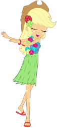 Size: 3000x6612 | Tagged: safe, artist:discorded, imported from derpibooru, applejack, equestria girls, shake your tail, clothes, feet, female, grass skirt, hawaiian, hawaiian flower in hair, hula, hulajack, humanized, lei, sandals, skirt, solo, vector