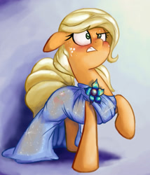 Size: 1715x2000 | Tagged: safe, artist:impcjcaesar, imported from derpibooru, applejack, alternate hairstyle, blushing, clothes, dress, female, floppy ears, hatless, missing accessory, solo