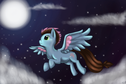 Size: 886x589 | Tagged: safe, artist:haxzure, imported from derpibooru, oc, oc only, oc:twirlie, flying, moon, night, solo, stars