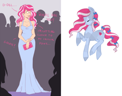 Size: 900x709 | Tagged: safe, artist:pikokko, imported from derpibooru, oc, oc only, oc:cotton candy, crystal pony, earth pony, human, pony, kilalaverse, clothes, crystallized, dress, humanized, humanized oc, loose hair, nervous, offspring, panic attack, parent:pinkie pie, parent:pokey pierce, parents:pokeypie