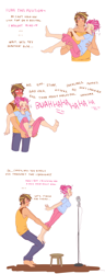 Size: 900x2333 | Tagged: safe, artist:pikokko, imported from derpibooru, oc, oc only, oc:cotton candy, oc:golden delicious, human, kilalaverse, barefoot, blushing, bridal carry, butt touch, carrying, comic, feet, female, hand on butt, height difference, humanized, humanized oc, implied erection, male, microphone, need to pee, oc x oc, offspring, offspring shipping, parent:applejack, parent:caramel, parent:pinkie pie, parent:pokey pierce, parents:carajack, parents:pokeypie, potty time, shipping, simple background, straight, white background