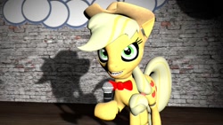 Size: 1024x576 | Tagged: safe, imported from derpibooru, applejack, five nights at aj's, applefreddy, crazy face, creepy, creepy smile, faic, female, five nights at freddy's, looking at you, microphone, sharp teeth, singing, solo, this will end in tears