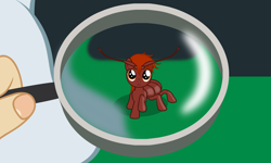 Size: 5256x3160 | Tagged: safe, artist:badumsquish, derpibooru exclusive, imported from derpibooru, oc, oc only, oc:hickey, insect, original species, badumsquish strikes again, bed, bed bug, female, filly, hand, looking at you, magnifying glass, pillow, ponified, size difference