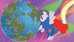 Size: 1024x576 | Tagged: safe, artist:rainbowderp98, imported from derpibooru, rainbow swoop, spectrum, pegasus, pony, planet, ponified, solo, space, spread wings, superhero, superhero costume, superman, wings