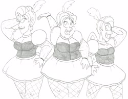 Size: 3267x2541 | Tagged: safe, artist:catstuxedo, imported from derpibooru, pinkie pie, rainbow dash, rarity, human, fat, horned humanization, humanized, monochrome, pudgy pie, showgirl, winged humanization