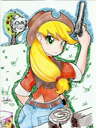 Size: 1280x1693 | Tagged: safe, artist:noisyvox, artist:thearcano13, imported from derpibooru, applejack, big macintosh, human, gun, humanized, no trigger discipline, revolver, traditional art