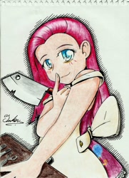 Size: 1280x1770 | Tagged: safe, artist:noisyvox, artist:thearcano13, imported from derpibooru, pinkie pie, human, fanfic:cupcakes, female, humanized, pinkamena diane pie, solo, traditional art