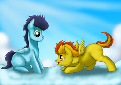 Size: 1984x1403 | Tagged: safe, artist:exelzior, imported from derpibooru, soarin', spitfire, blank flank, colt, cute, cutefire, filly, soarinbetes, younger