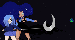 Size: 1129x611 | Tagged: safe, artist:starvalerian, imported from derpibooru, nightmare moon, princess luna, human, duality, earth, glaive, humanized, polearm, s1 luna, sailor moon, space