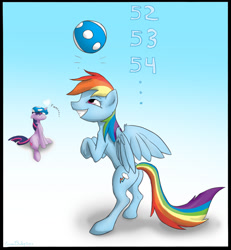 Size: 1065x1152 | Tagged: safe, artist:dreigun, imported from derpibooru, rainbow dash, twilight sparkle, ball, bouncing, deflated, deflation, horn, juggling, puncture