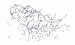 Size: 1229x749 | Tagged: safe, artist:carnivorouscaribou, imported from derpibooru, applejack, big macintosh, earth pony, pony, harness, horse collar, male, monochrome, plow, pulling, sketch, stallion, sweat, traditional art, working, yoke