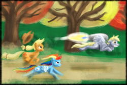 Size: 1000x672 | Tagged: safe, artist:dreigun, imported from derpibooru, applejack, derpy hooves, rainbow dash, pegasus, pony, female, jetpack, mare, running of the leaves