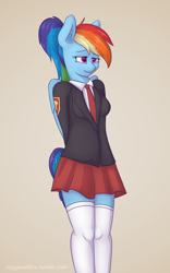 Size: 1200x1920 | Tagged: safe, artist:staggeredline, imported from derpibooru, rainbow dash, anthro, clothes, female, kneesocks, miniskirt, ponytail, school uniform, schoolgirl, skirt, smiling, solo, zettai ryouiki