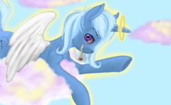 Size: 993x613 | Tagged: safe, artist:colorlesscupcake, imported from derpibooru, trixie, alicorn, ghost, pony, alicornified, angel, bloodshot eyes, cloud, cloudy, drugs, female, grin, halo, marijuana, race swap, smoking, solo, stoned trixie, trixiecorn