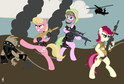 Size: 2964x2013 | Tagged: safe, artist:shadawg, imported from derpibooru, daisy, flower wishes, lily, lily valley, roseluck, diamond dog, flower trio, gun, helicopter, military, mk.12 spr, mk.18, sg 556, styer tpm mp9, war, weapon