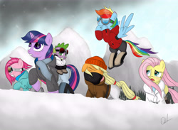 Size: 6250x4566 | Tagged: safe, artist:shadawg, imported from derpibooru, applejack, fluttershy, pinkie pie, rainbow dash, rarity, spike, twilight sparkle, absurd resolution, clothes, snow, snowfall, winter