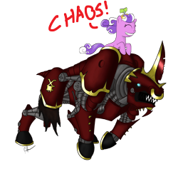 Size: 5120x5000 | Tagged: safe, artist:shadawg, imported from derpibooru, screwball, pony, absurd resolution, bloodcrusher, crossover, juggernaut of khorne, khorne, nose piercing, nose ring, piercing, riding, simple background, transparent background, warhammer (game), warhammer 40k